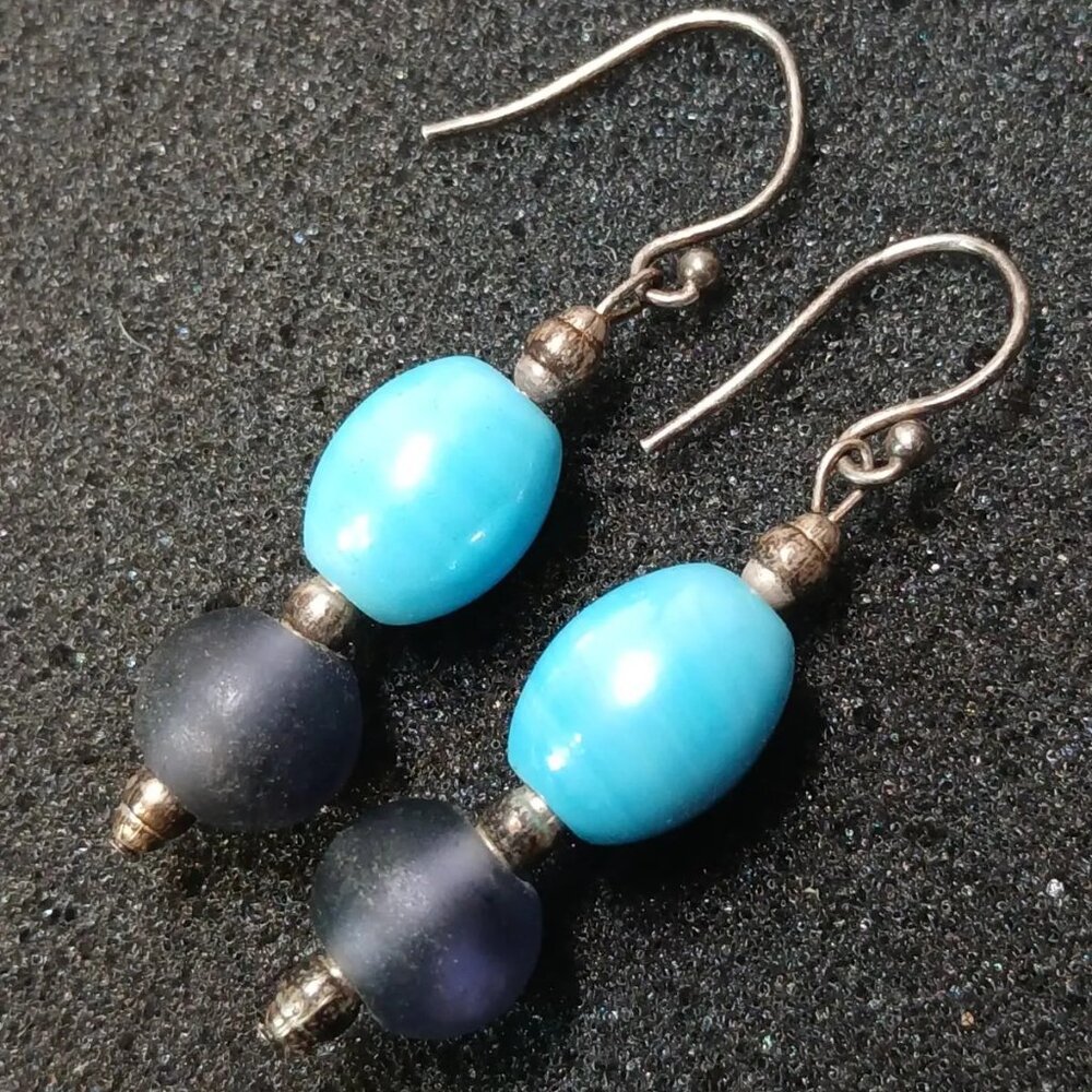 925 Sterling Dangle Earrings Blue Black Bead Drop Boho Vintage 6.2g